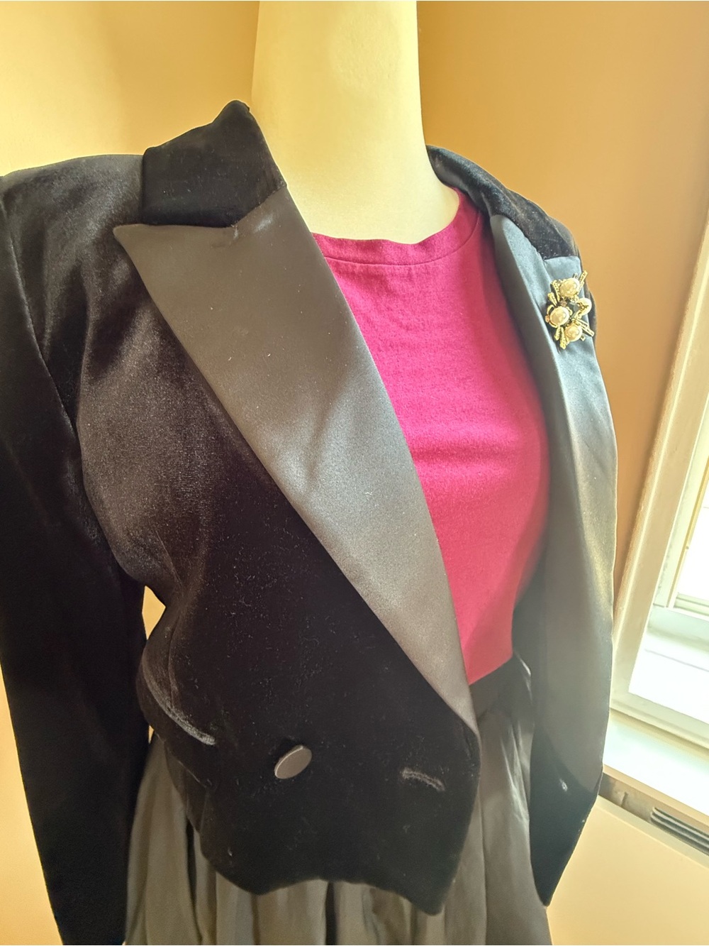 Black Velvet Cropped Blazer with Satin Lapel - Women's Blazer